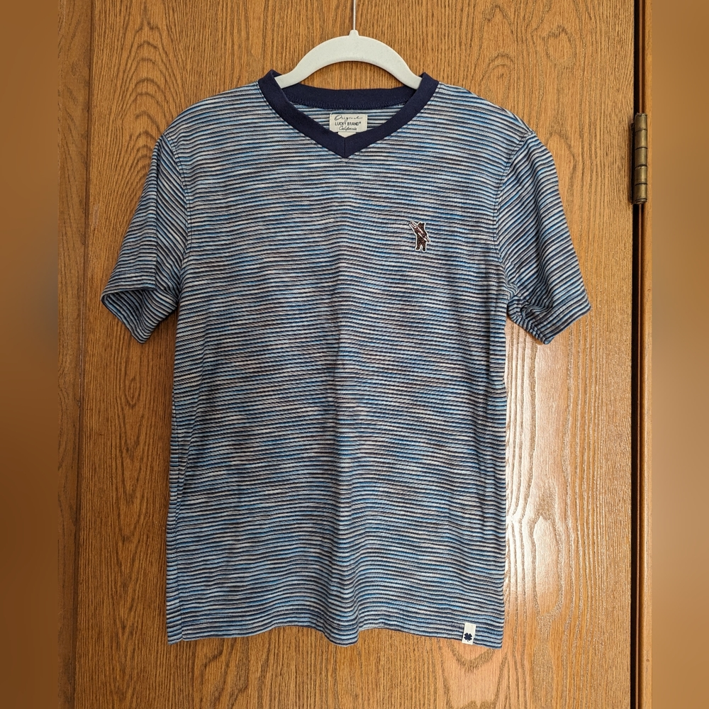 Lucky Brand Boys V-Neck T-Shirt- Navy Blue Striped- Size 10 (Medium)